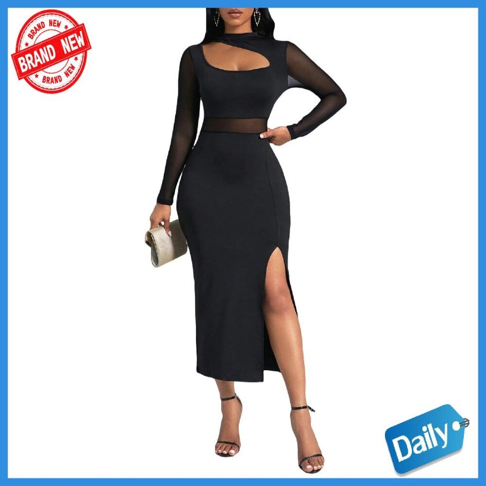 Cut Out Mock Neck Mesh Long Sleeve Bodycon Maxi Dress